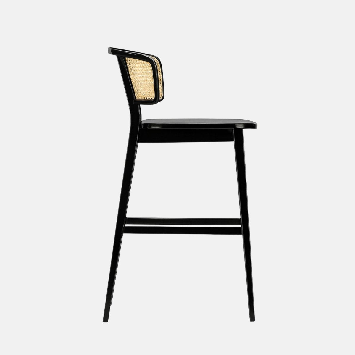 Modern bar stool with a glossy black wooden frame and a curved natural cane backrest, featuring a smooth black seat and footrest, set against a light grey background.