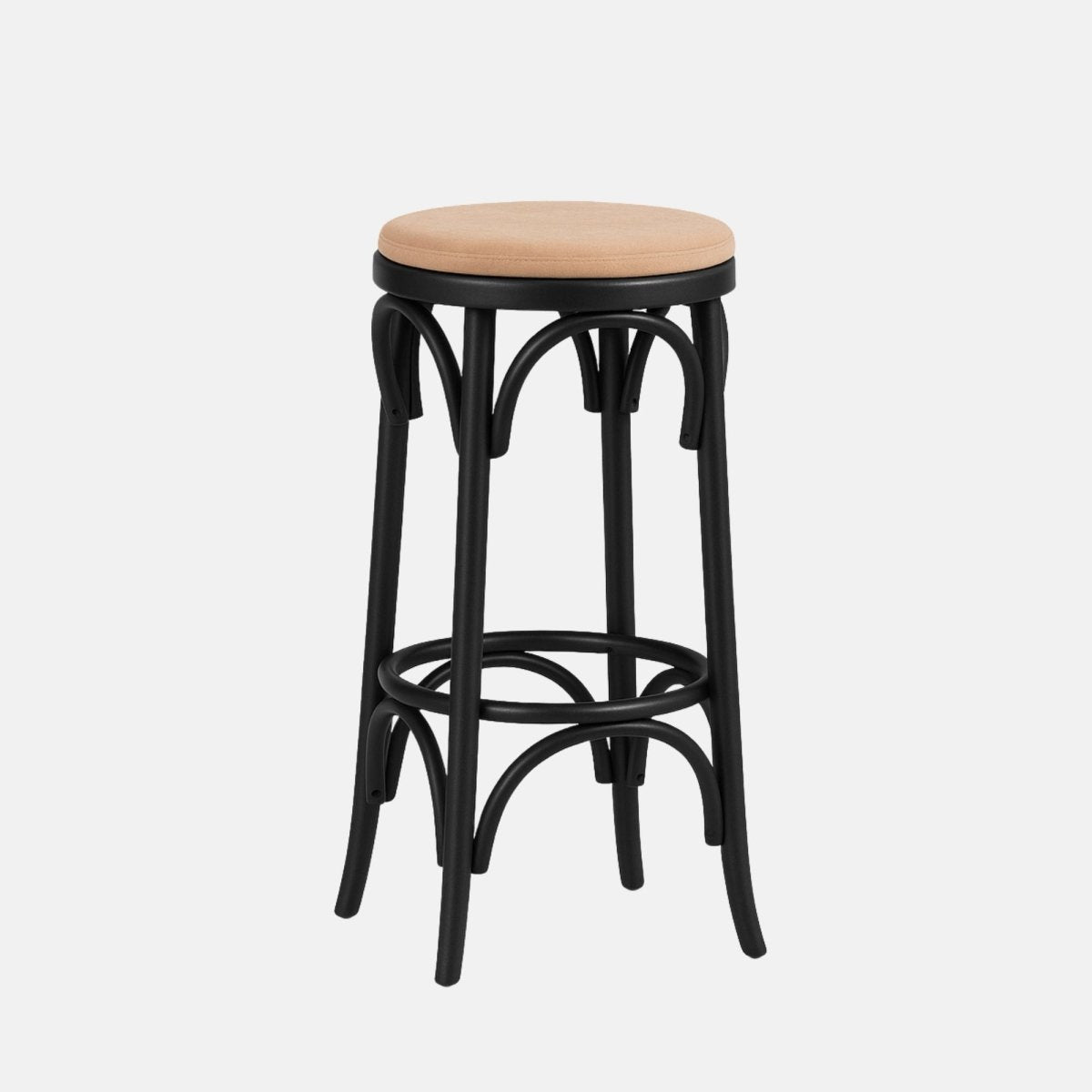 Elegant bar stool with round beige cushioned seat, black bentwood-inspired frame, and circular footrest design
