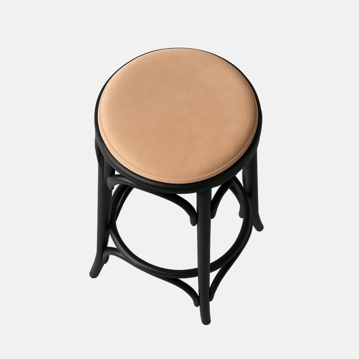 Elegant bar stool with round beige cushioned seat, black bentwood-inspired frame, and circular footrest design