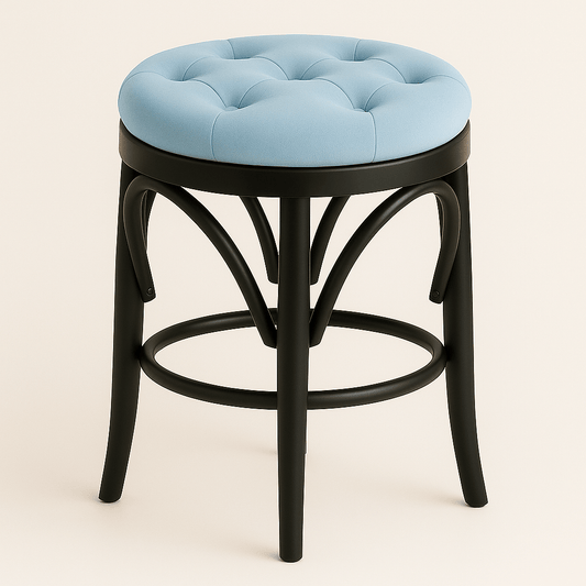 Sophie Kitchen Counter Stool with black bentwood frame and light blue tufted seat

