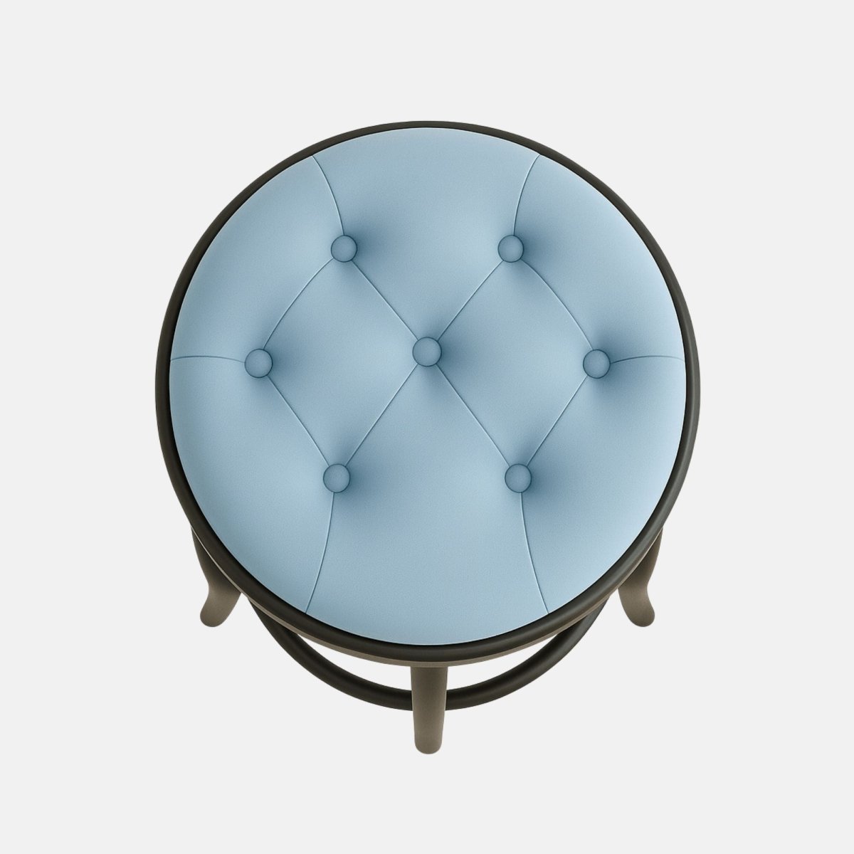 A modern round stool with a tufted light blue cushion seat, black wooden legs, and decorative curved supports with a circular footrest.