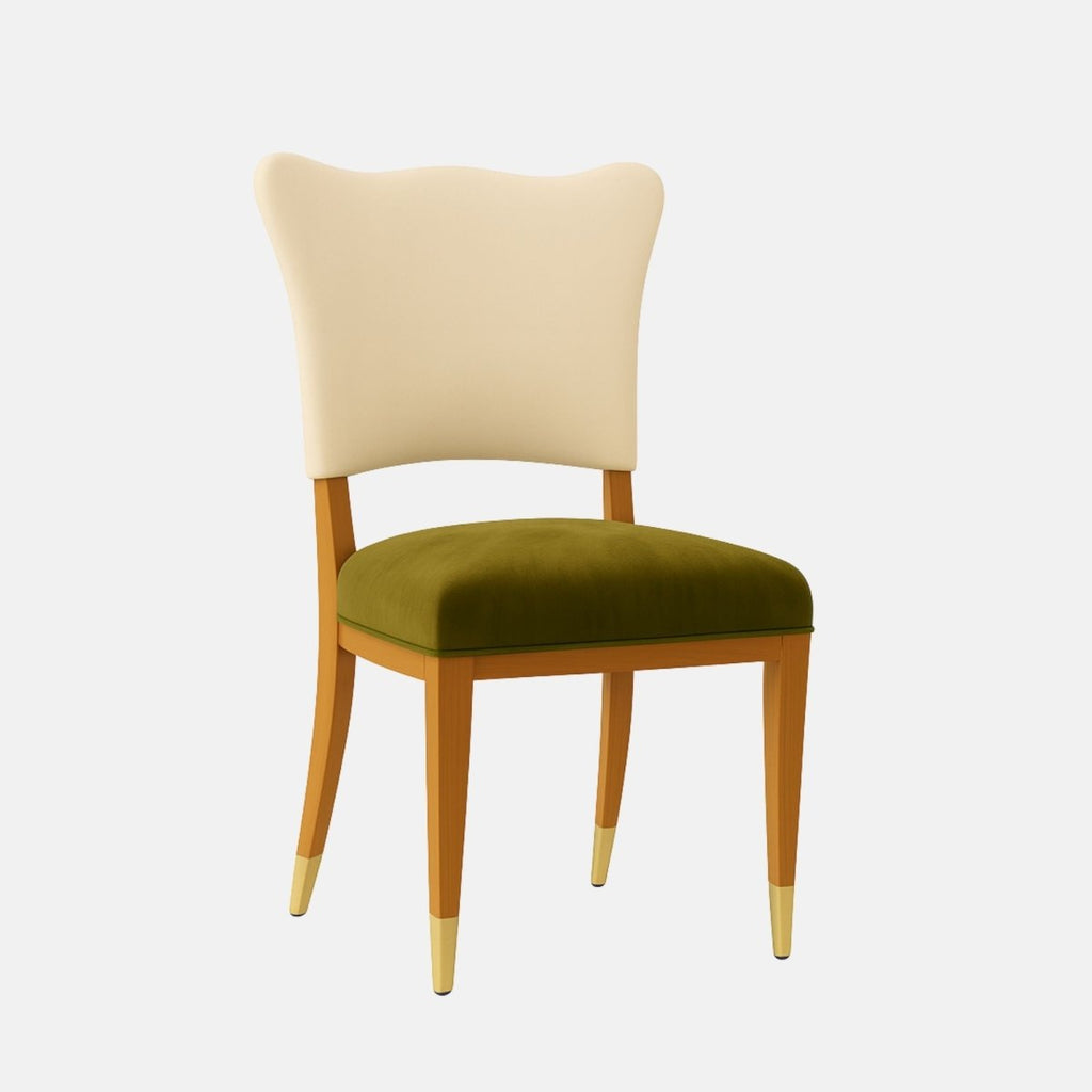 Upholstered dining chair with a cream fabric backrest and olive-green cushioned seat, featuring tapered wooden legs with brass-capped feet, shown on a white background.