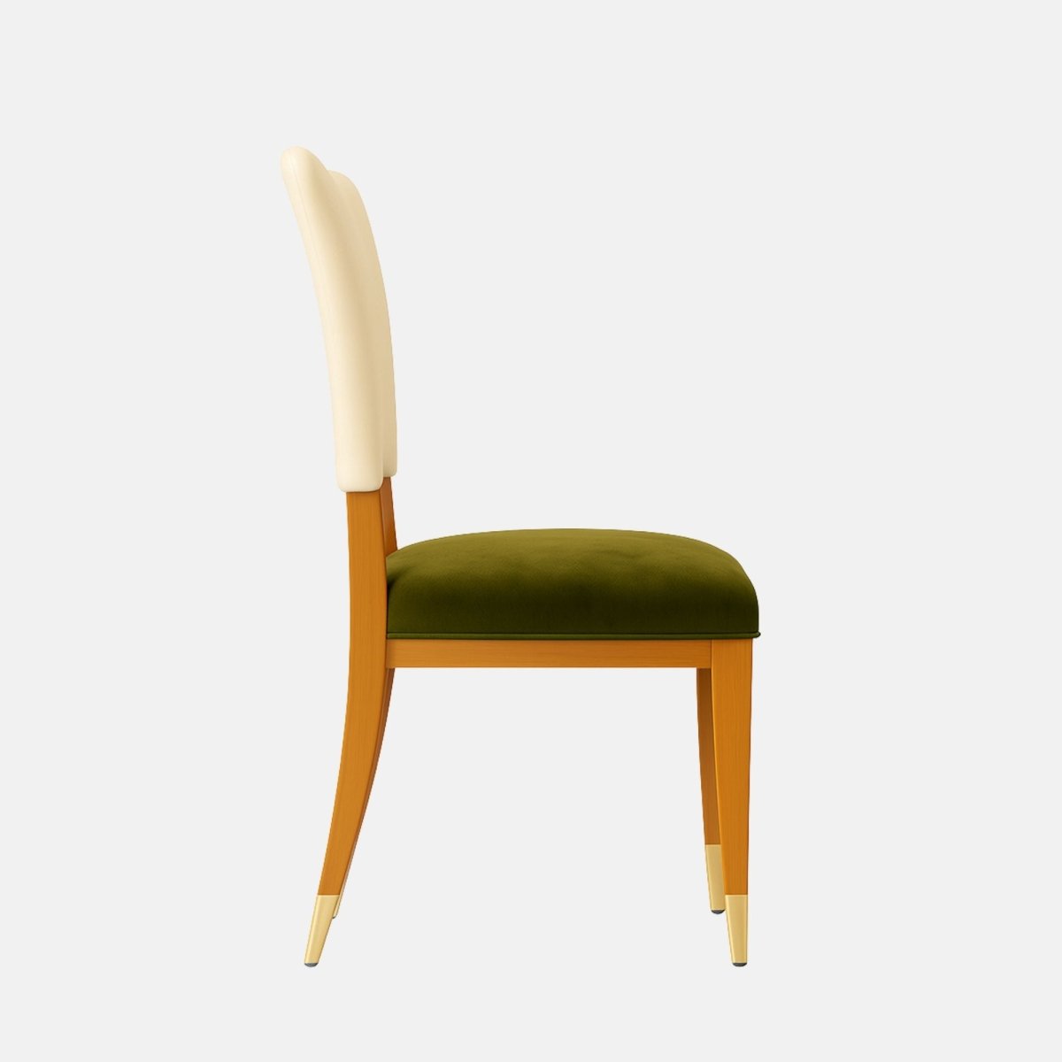 Upholstered dining chair with a cream fabric backrest and olive-green cushioned seat, featuring tapered wooden legs with brass-capped feet, shown on a white background.