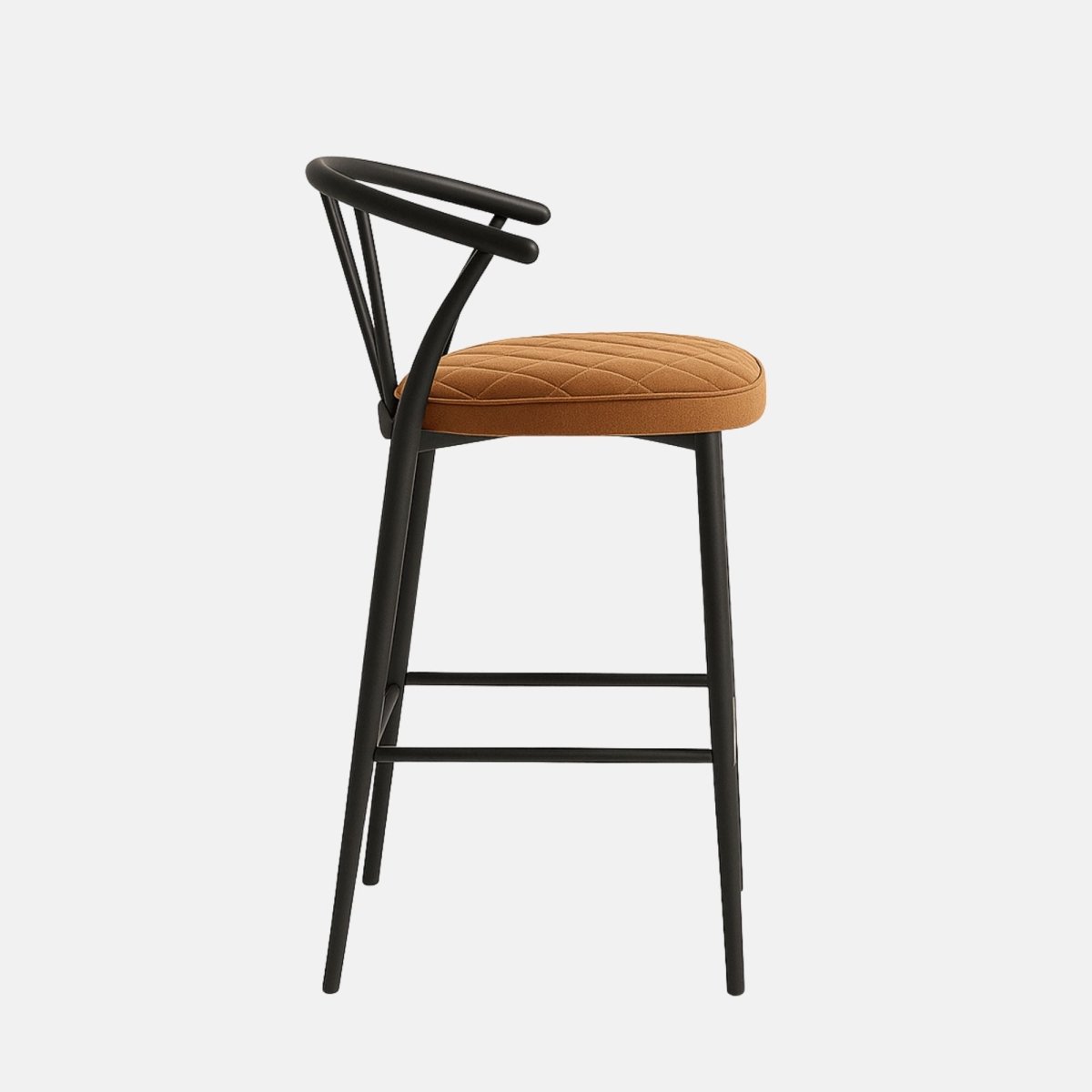Contemporary bar stool with curved black backrest, round cushioned seat in burnt orange fabric with quilted pattern, and slim black legs with metal footrest