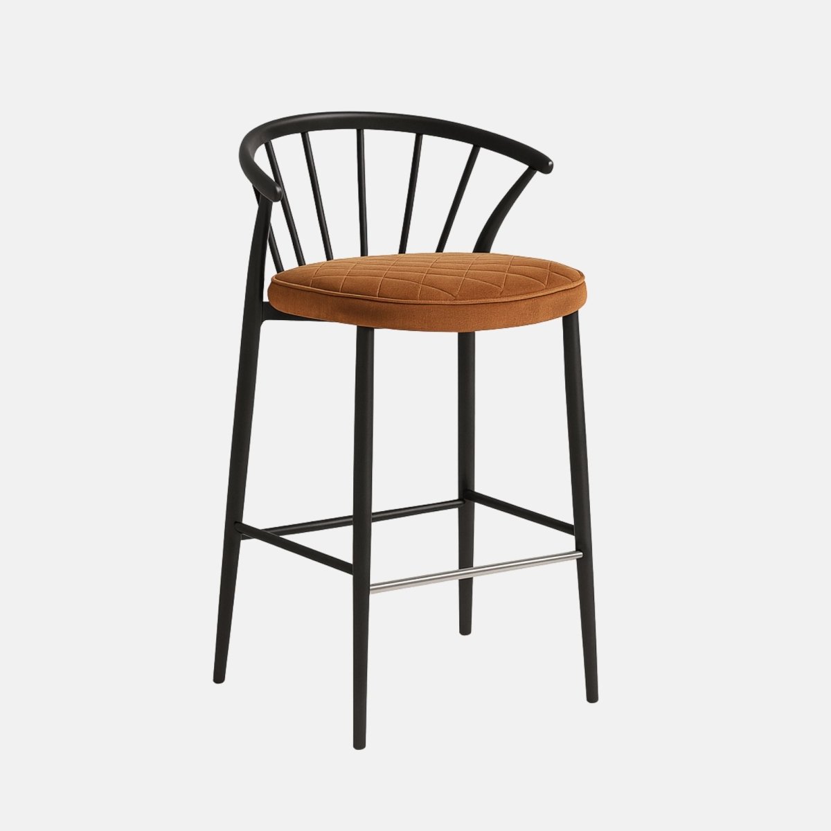 Contemporary bar stool with curved black backrest, round cushioned seat in burnt orange fabric with quilted pattern, and slim black legs with metal footrest