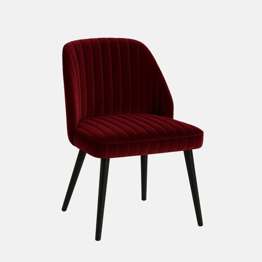 Elegant dining chair with black tapered legs and a fully upholstered seat and backrest in deep red velvet, featuring vertical channel stitching, set against a light grey background