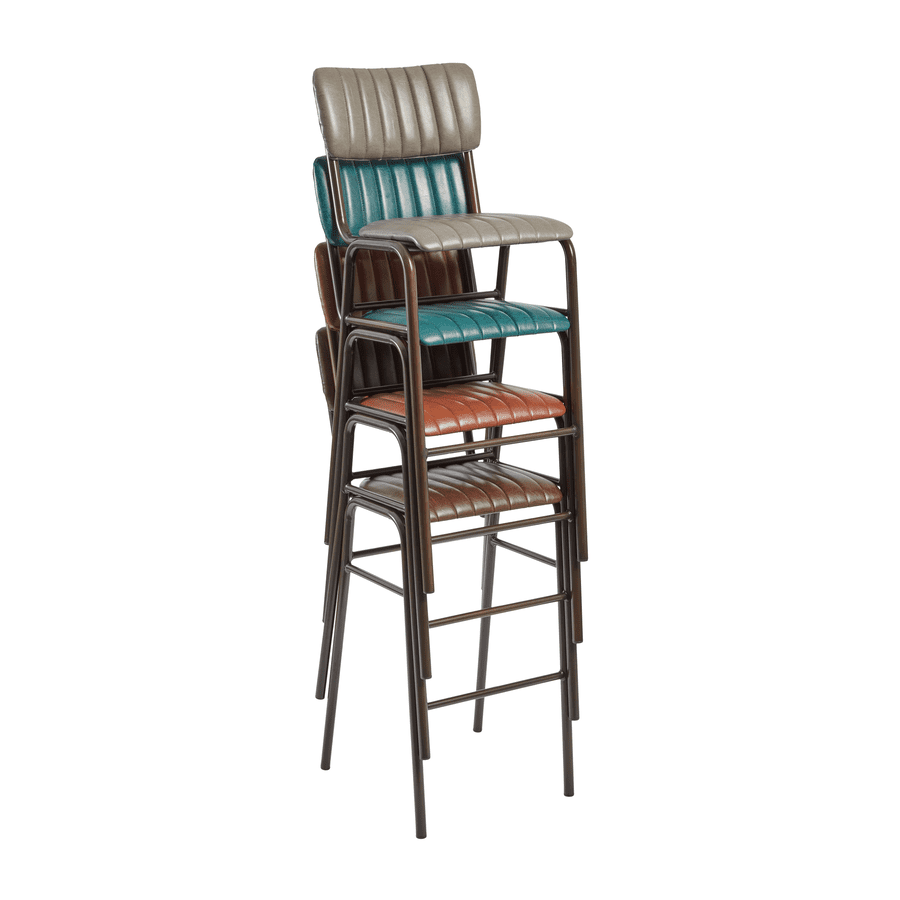 alt="Contemporary black stool with metal structure, padded leather seat and back, and stackable function"