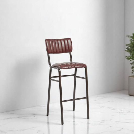 alt="Black leather padded stool with back support on sleek metal frame, stackable design"