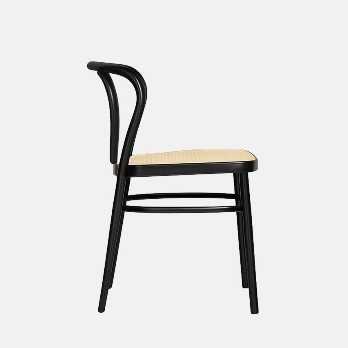 Classic bentwood dining chair with black frame, rounded backrest, and woven rattan seat and back panel in a natural finish.
