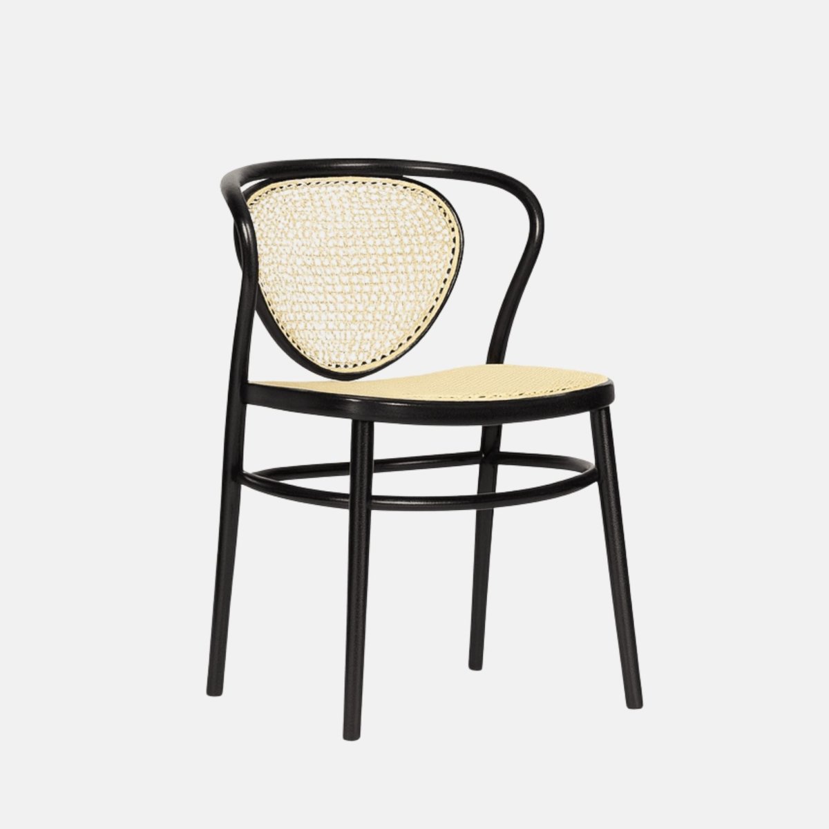Classic bentwood dining chair with black frame, rounded backrest, and woven rattan seat and back panel in a natural finish.