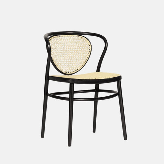 Classic bentwood dining chair with black frame, rounded backrest, and woven rattan seat and back panel in a natural finish.
