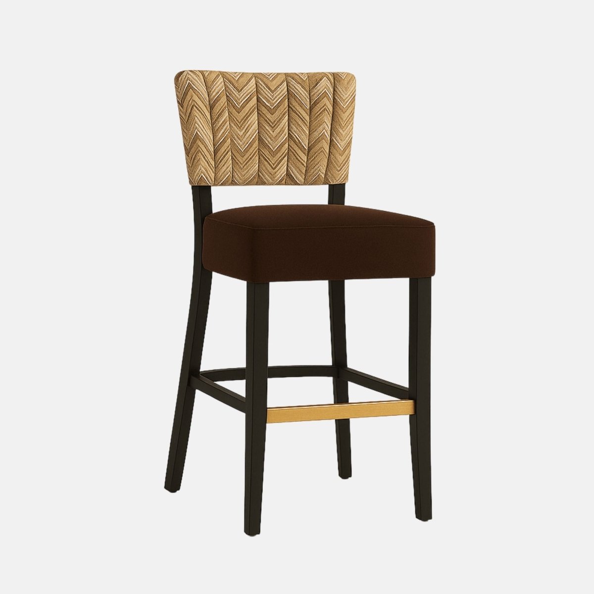 Modern bar stool with patterned chevron upholstered backrest, deep brown cushioned seat, and sleek black wooden frame with gold footrest accent. 