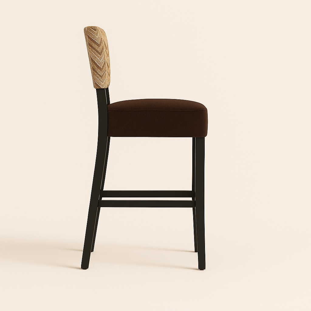 Bar stool with a modern design featuring a cushioned dark brown seat, a chevron-patterned upholstered backrest in beige and brown tones, black wooden legs, and a brass gold footrest, set against a soft, light coloured background.