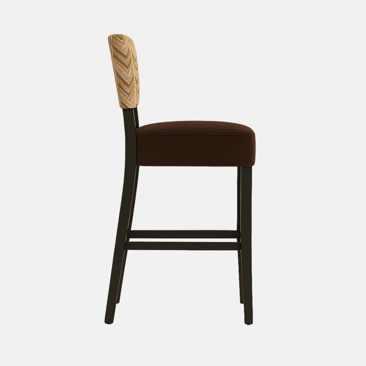 Modern bar stool with patterned chevron upholstered backrest, deep brown cushioned seat, and sleek black wooden frame with gold footrest accent.