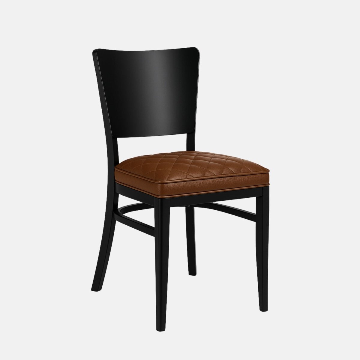 Classic dining chair with a black wooden frame and a quilted brown leather seat cushion, featuring a gently curved backrest and tapered legs, set against a light grey background