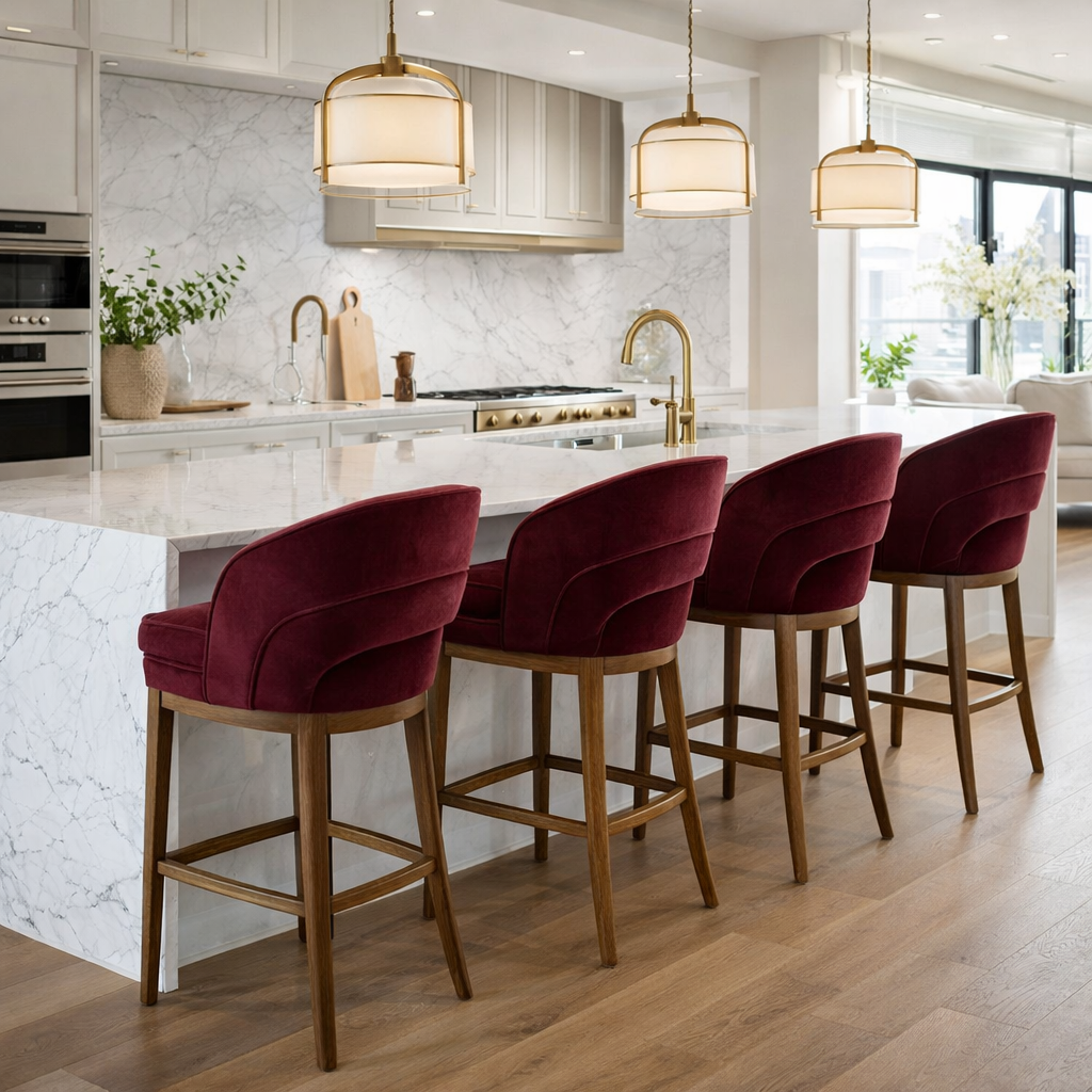 Modern kitchen island with upholstered velvet bar stools, marble countertop, and pendant lighting