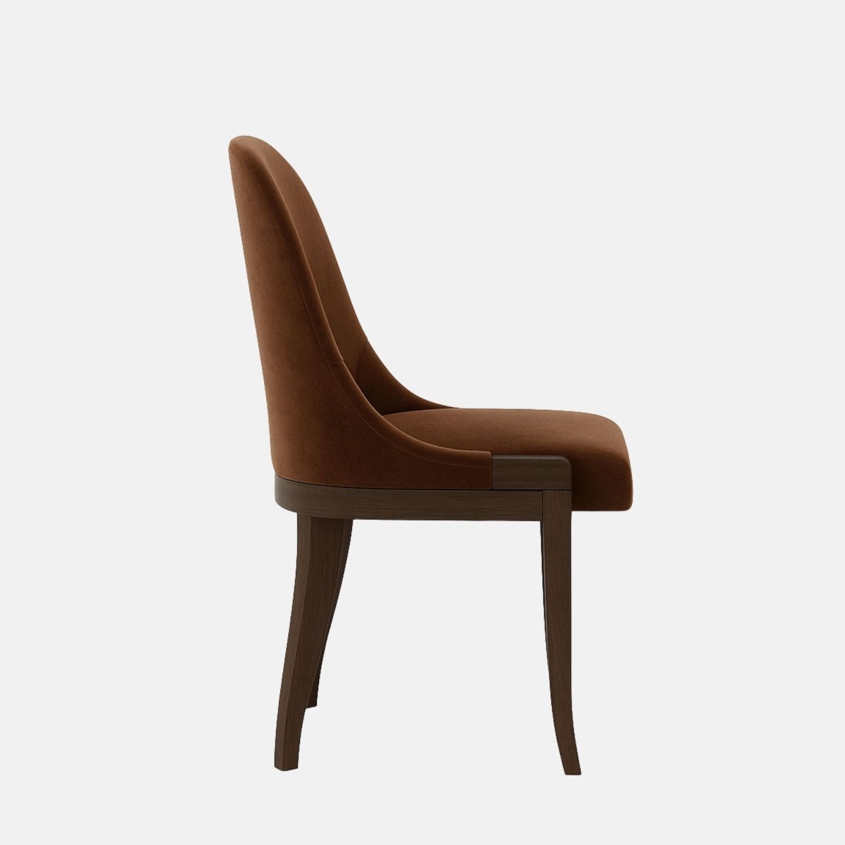 Upholstered dining chair in deep brown velvet with a softly curved backrest and cushioned seat, supported by dark wooden legs, shown on a white background.