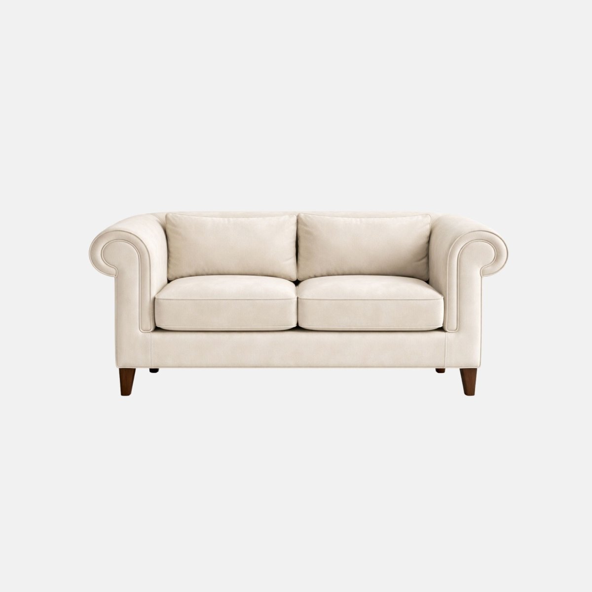 Elegant two-seater sofa with cream upholstery, rolled arms and cushioned seats, featuring wooden legs, ideal for lounges, hotels, and classic interiors