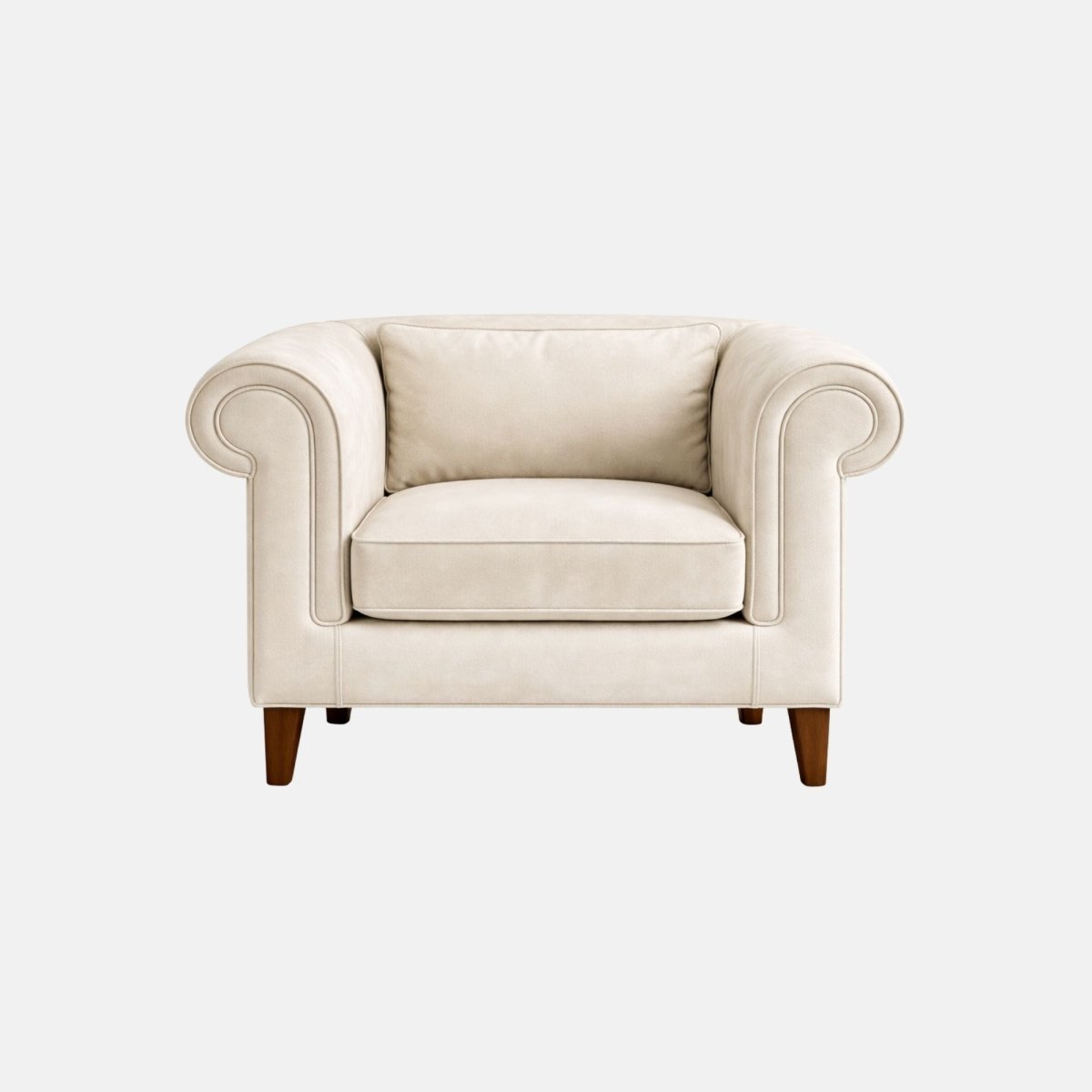 Elegant armchair with cream upholstery, rolled arms and cushioned seat, featuring wooden legs, ideal for lounges, hotels, and classic interiors