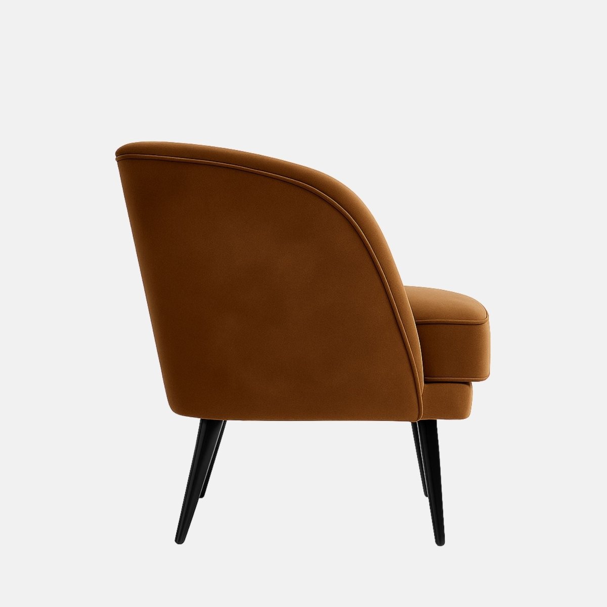 Mid-century style lounge chair with curved channel-tufted backrest, brown velvet upholstery, and slim black tapered legs.