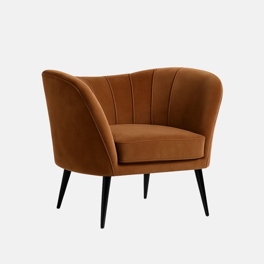 Mid-century style lounge chair with curved channel-tufted backrest, brown velvet upholstery, and slim black tapered legs.