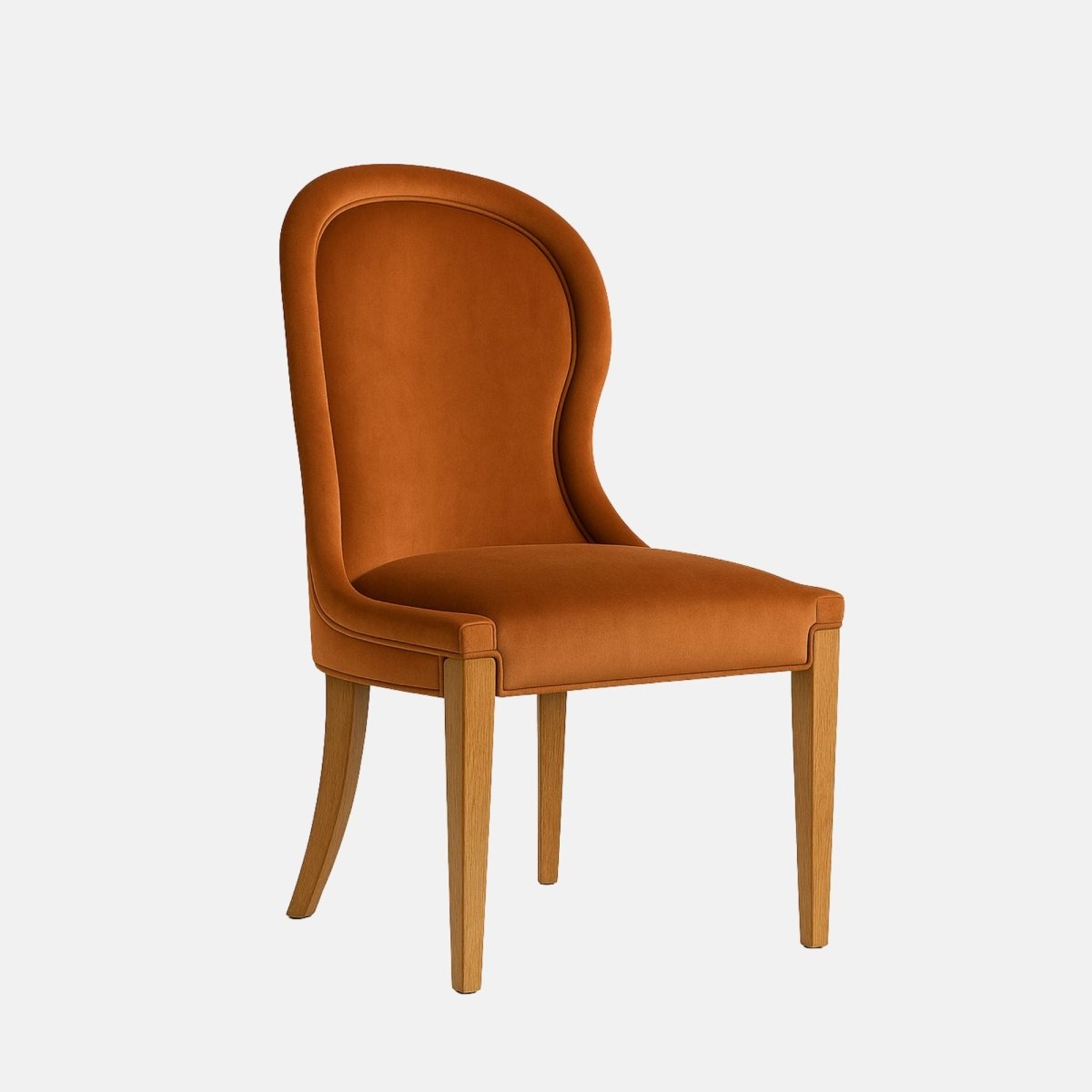 Upholstered dining chair in warm rust-orange fabric with a tall, rounded backrest, cushioned seat, and light wooden legs, shown on a white background