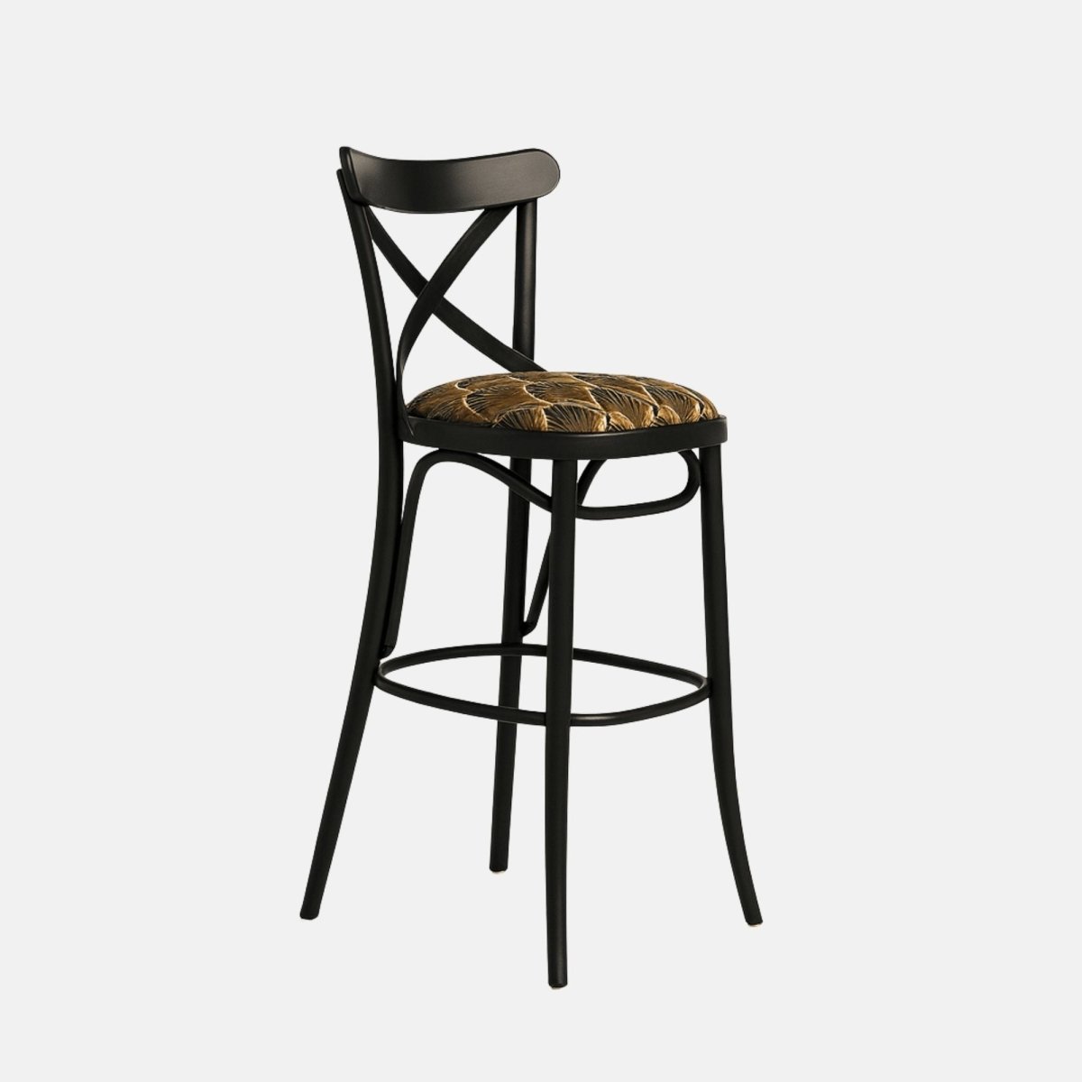 Classic bar stool with black wooden cross-back design, patterned cushioned seat, and curved legs with circular footrest