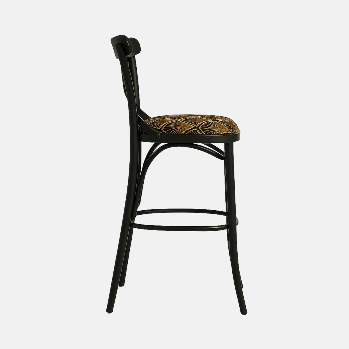 Classic bar stool with black wooden cross-back design, patterned cushioned seat, and curved legs with circular footrest