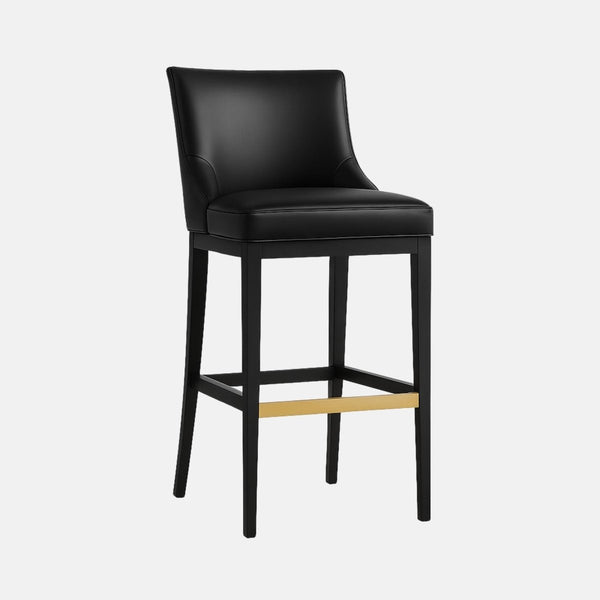 Vino Rosso Bar and Kitchen Counter Stool in black Italian leather with sleek backrest, solid wood frame, and gold footrest – handmade luxury seating