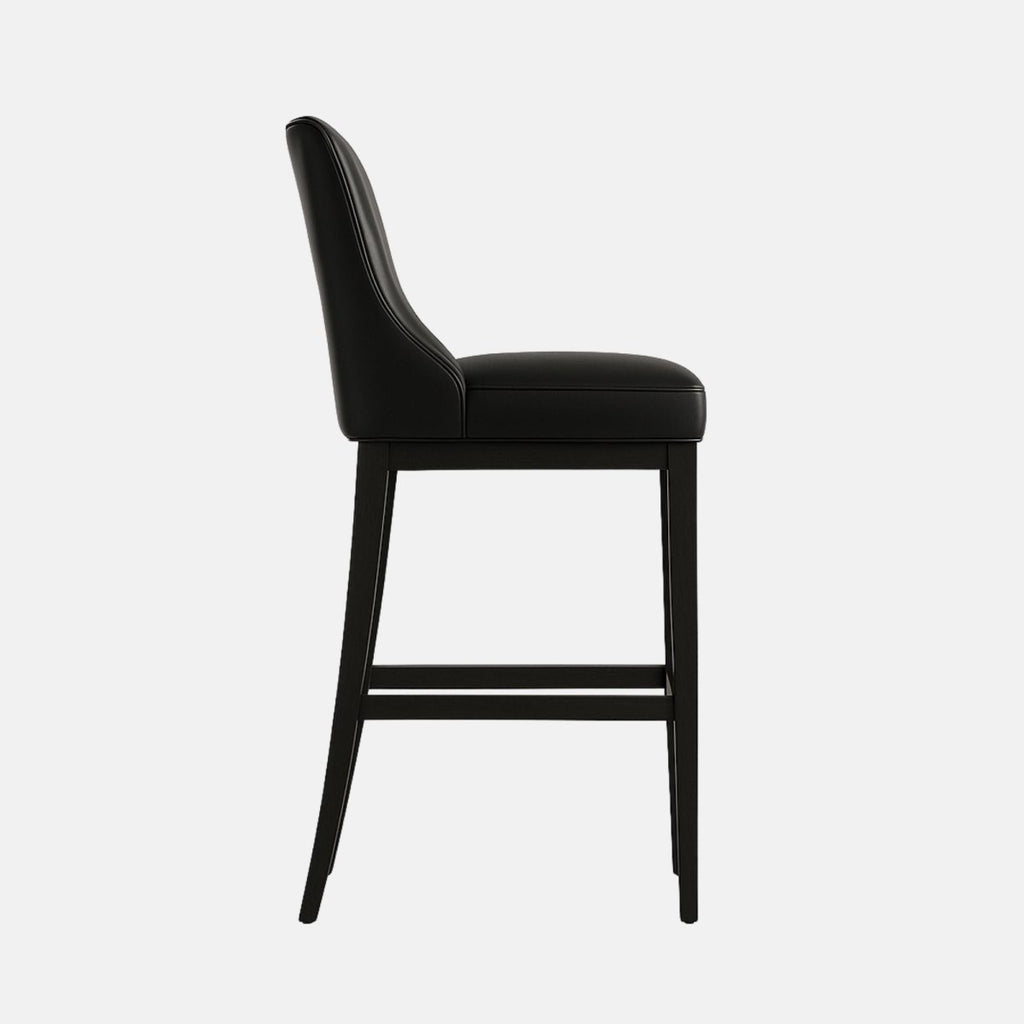 Vino Rosso Bar and Kitchen Counter Stool in black Italian leather with sleek backrest, solid wood frame, and gold footrest – handmade luxury seating