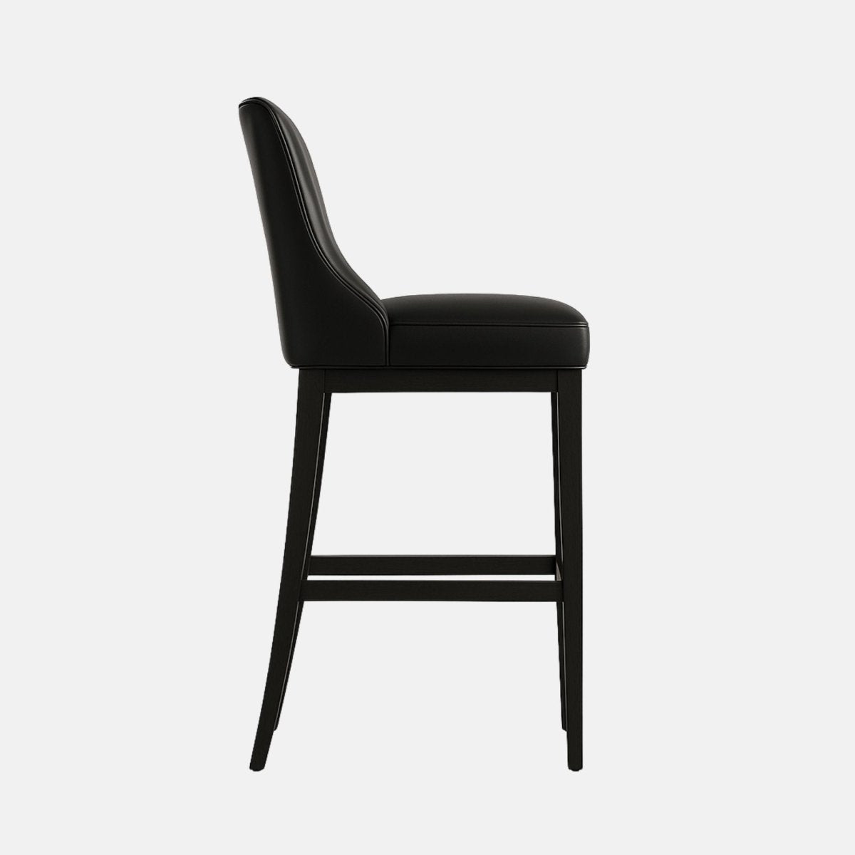 Vino Rosso Bar and Kitchen Counter Stool in black Italian leather with sleek backrest, solid wood frame, and gold footrest – handmade luxury seating