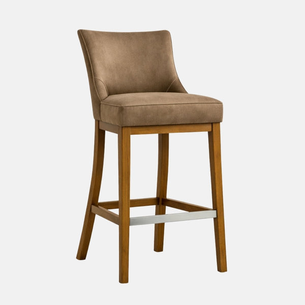 Brown upholstered bar stool with a gently curved backrest, padded seat, and tapered wooden legs with a metal footrest bar.