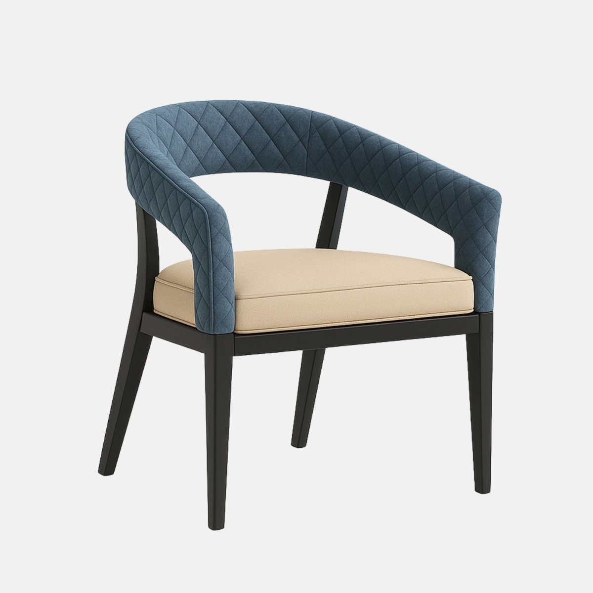 Contemporary armchair with a black wooden frame and tapered legs, featuring a quilted blue velvet curved backrest and a contrasting beige upholstered seat cushion, set against a light grey background