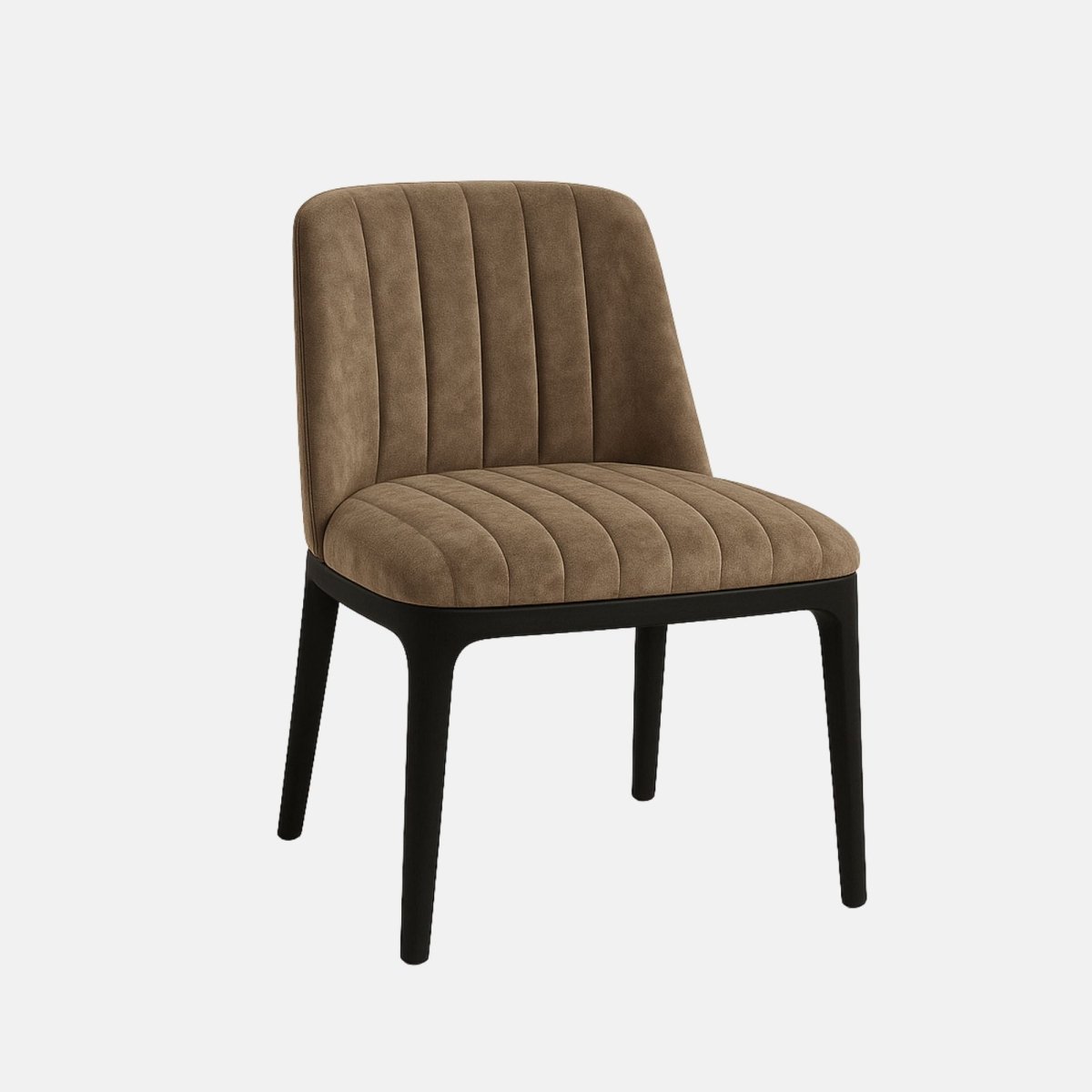Luxury dining chair with brown upholstered seat and backrest, vertical stitched detailing, and solid black wood frame
