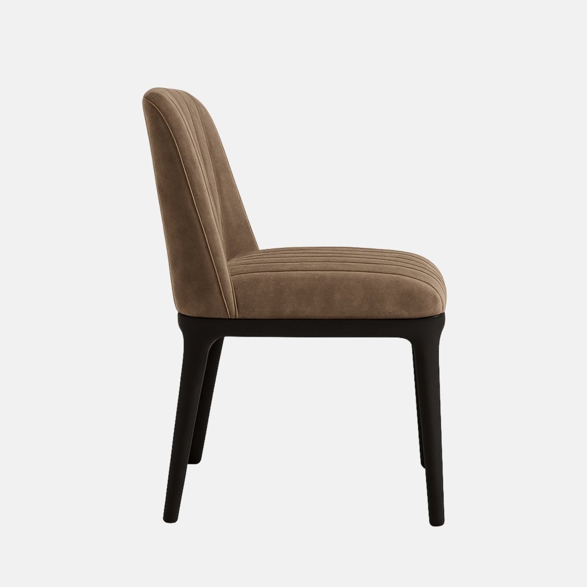 Luxury dining chair with brown upholstered seat and backrest, vertical stitched detailing, and solid black wood frame