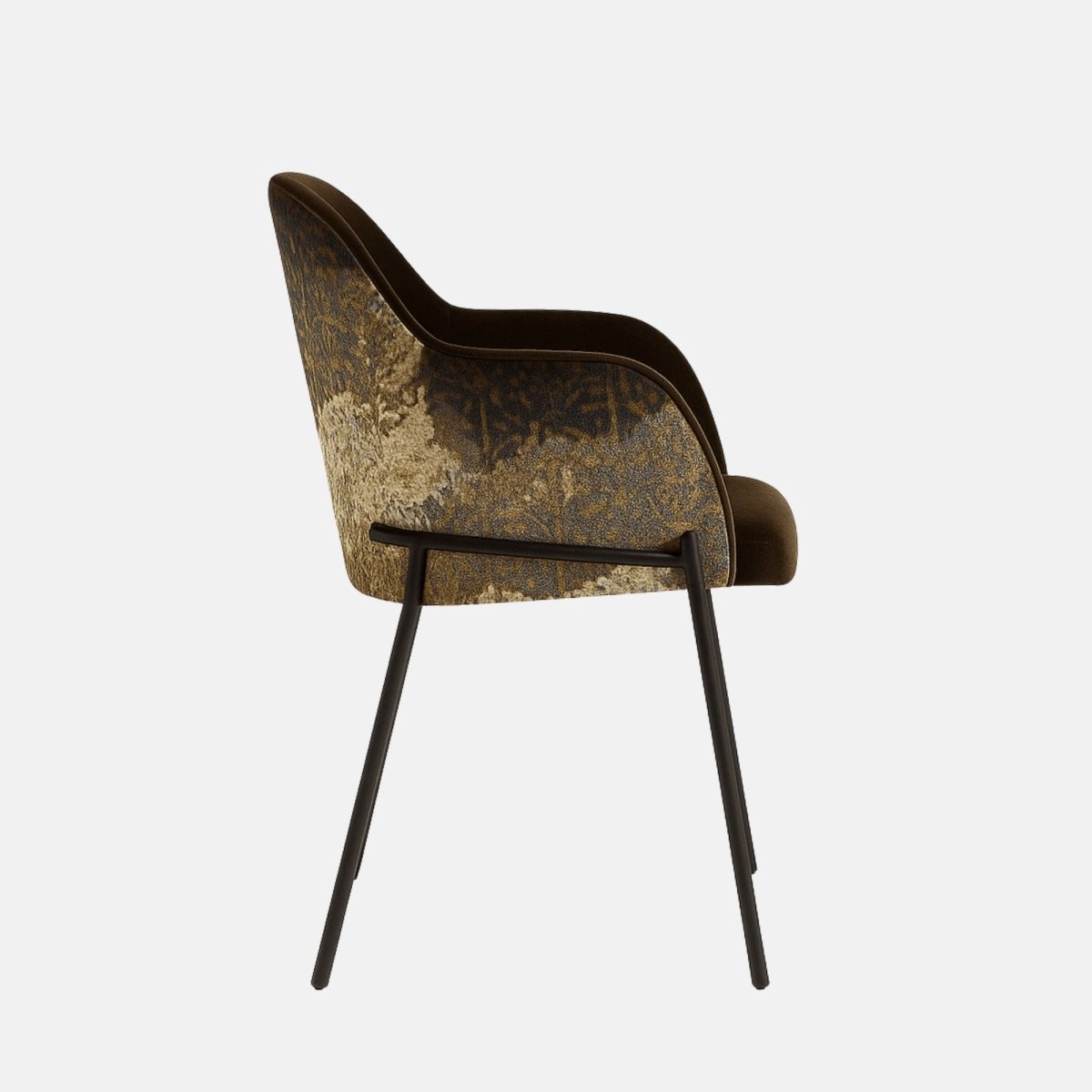 Modern armchair with dark brown upholstered seat and backrest, slim black metal legs, and textured gold-patterned fabric on the outer sides and back.