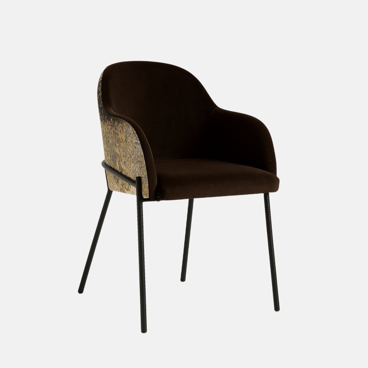 Modern armchair with dark brown upholstered seat and backrest, slim black metal legs, and textured gold-patterned fabric on the outer sides and back.