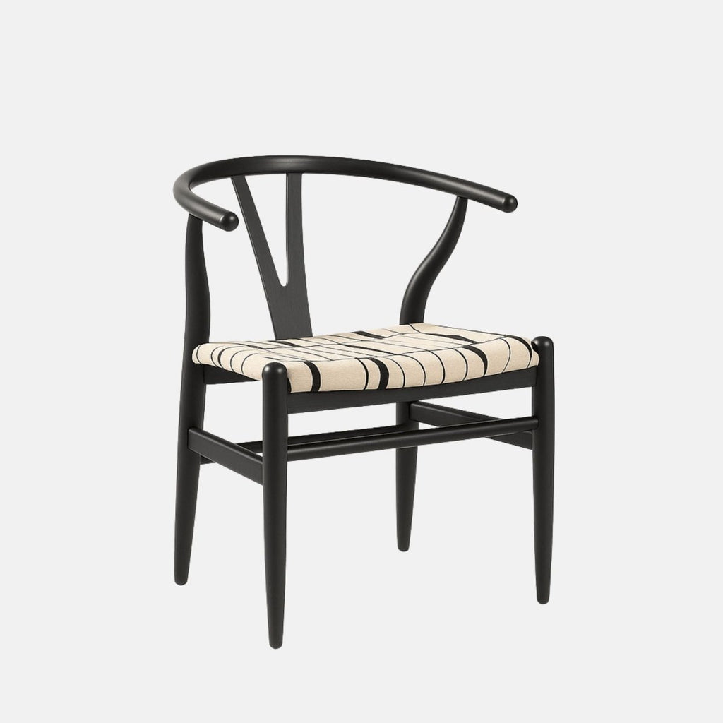 Modern black wooden armchair with a curved backrest, open Y-shaped support, and a beige cushioned seat featuring a black abstract line pattern.