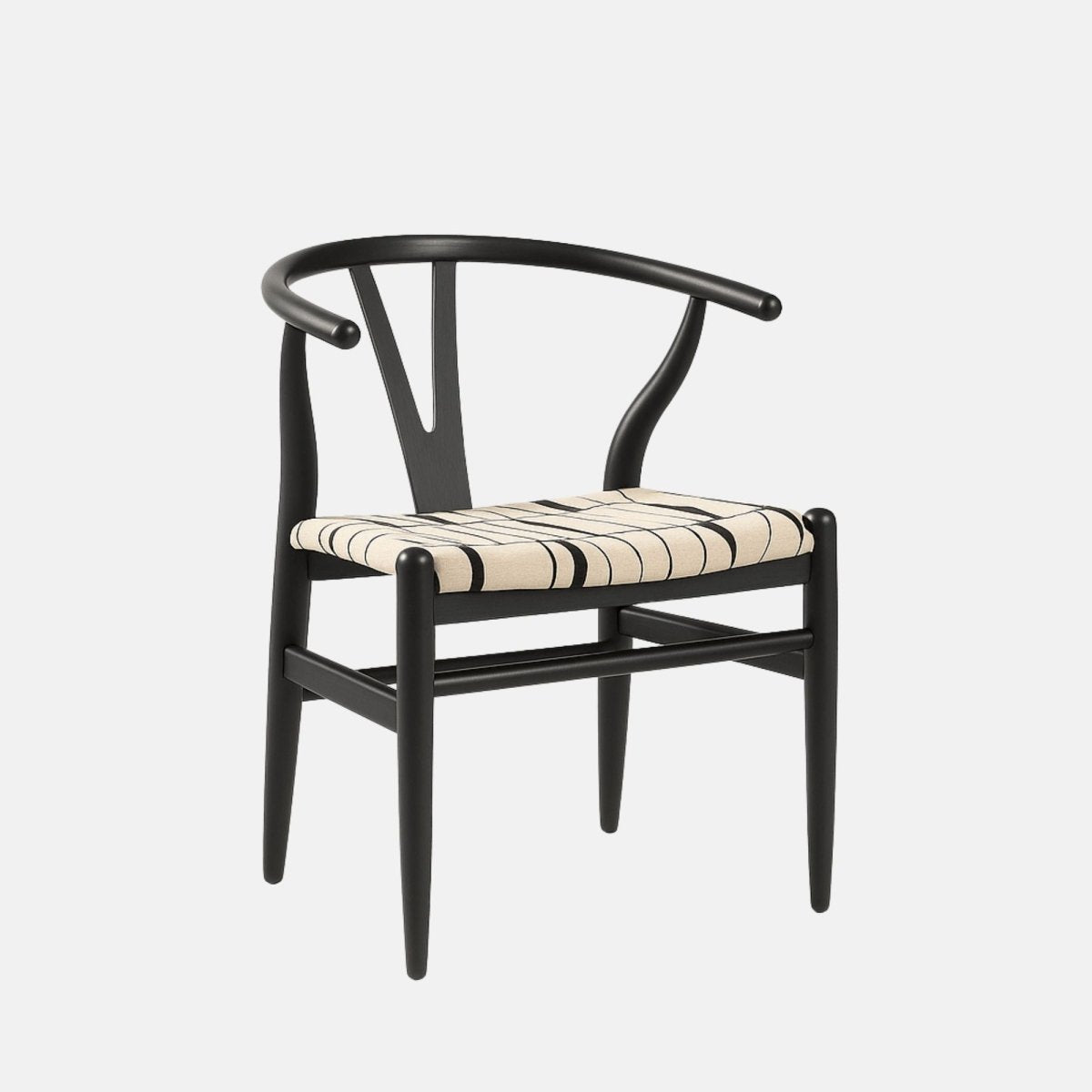 Modern black wooden armchair with a curved backrest, open Y-shaped support, and a beige cushioned seat featuring a black abstract line pattern.