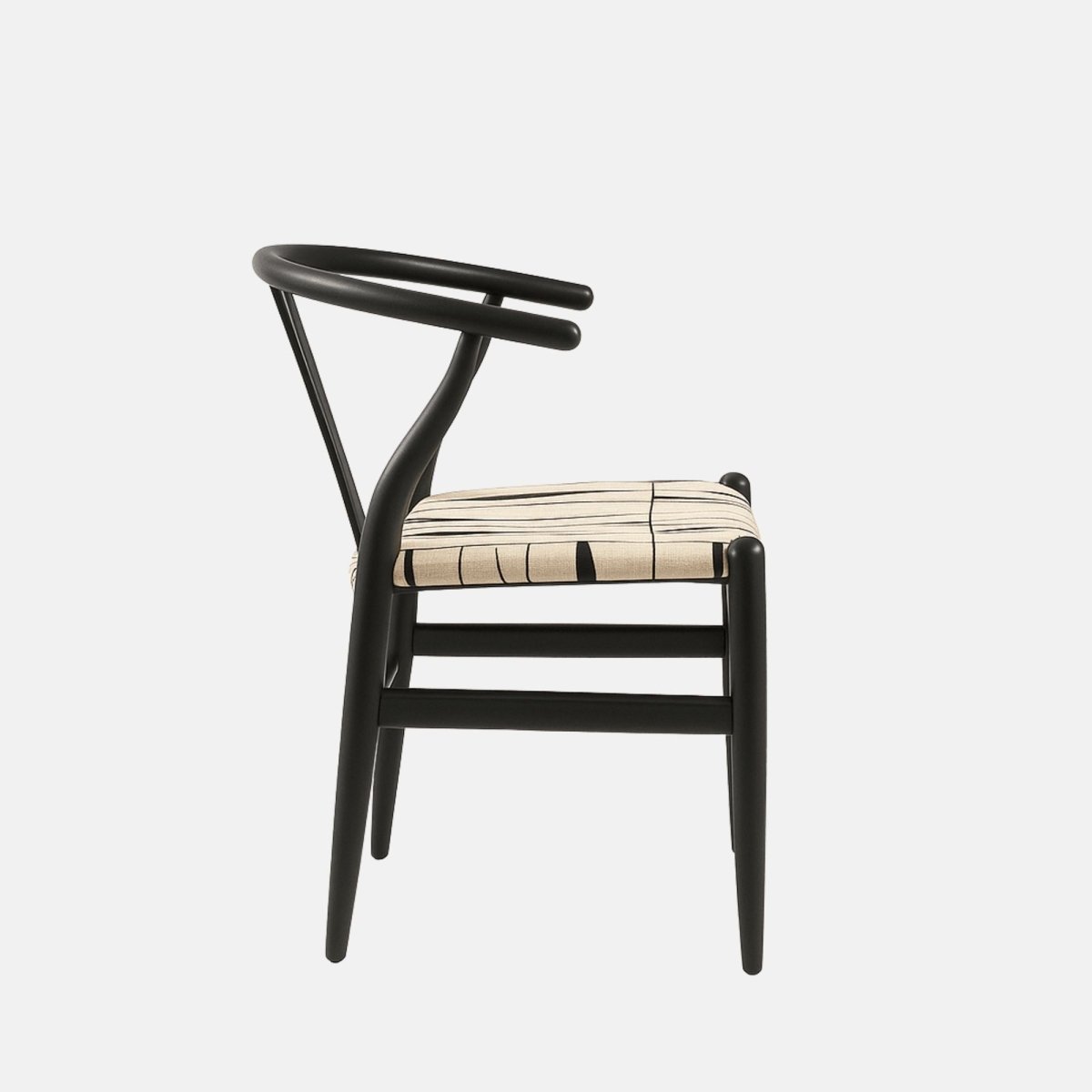 Modern black wooden armchair with a curved backrest, open Y-shaped support, and a beige cushioned seat featuring a black abstract line pattern.
