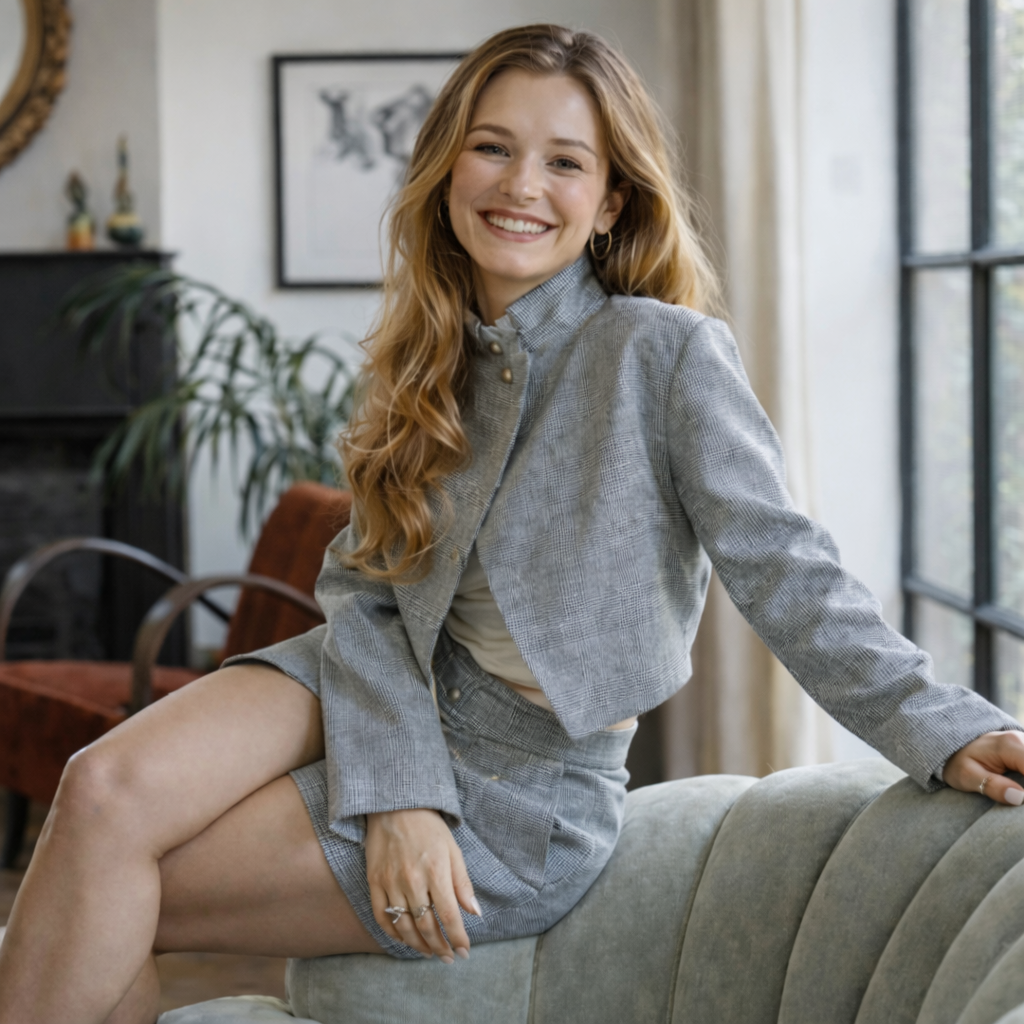 Woman sitting on an upholstered lounge chair in a modern living room interior.