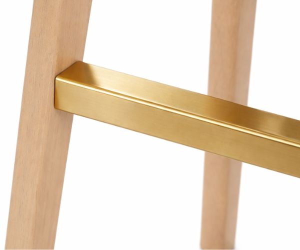 Close-up of wooden chair legs with brass footrest detail
