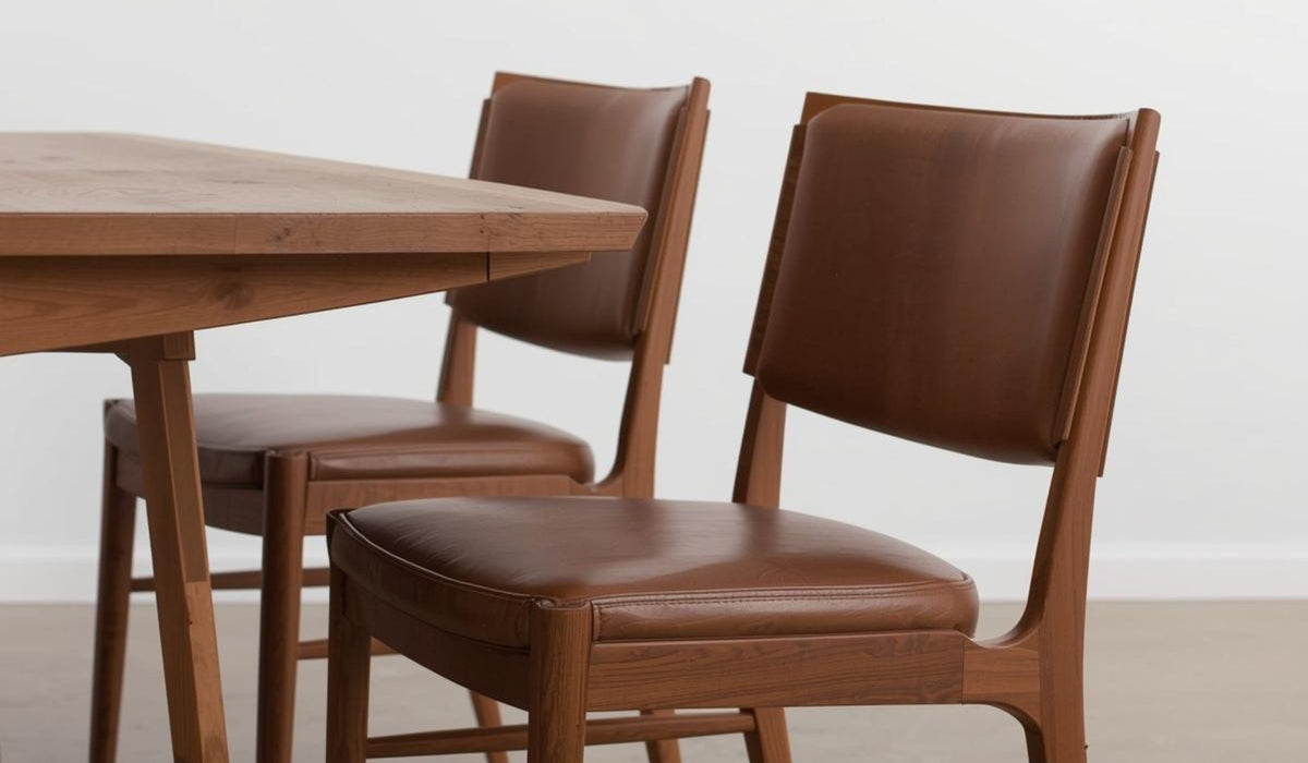 Modern wooden dining chairs with brown leather seats beside a solid wood dining table