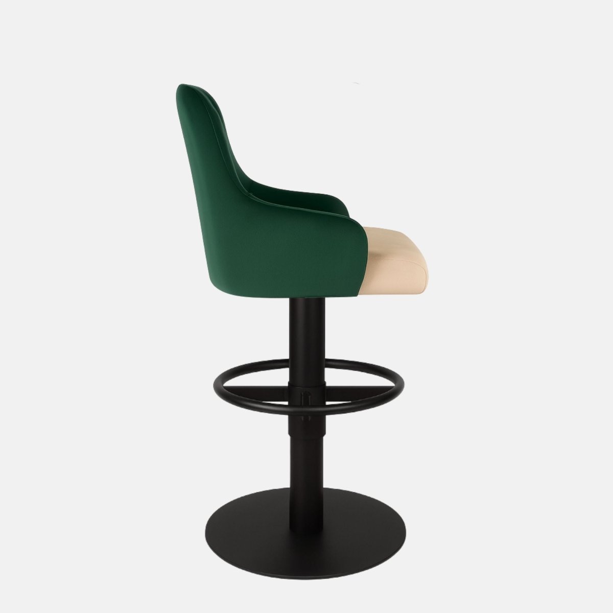 Green velvet 360° swivel bar stool with diamond-quilted backrest and cream upholstered seat on a black powder-coated metal base — bespoke modern counter stool.
