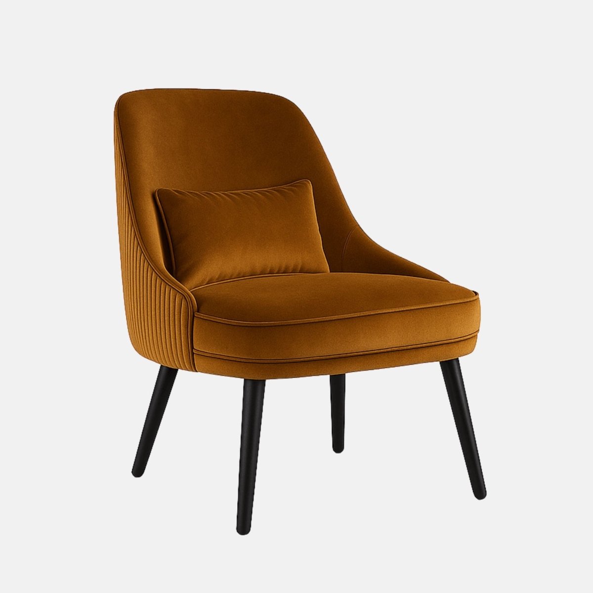 Modern accent chair with mustard yellow upholstered seat and backrest, matching cushion, vertical stitched sides, and black tapered wooden legs.