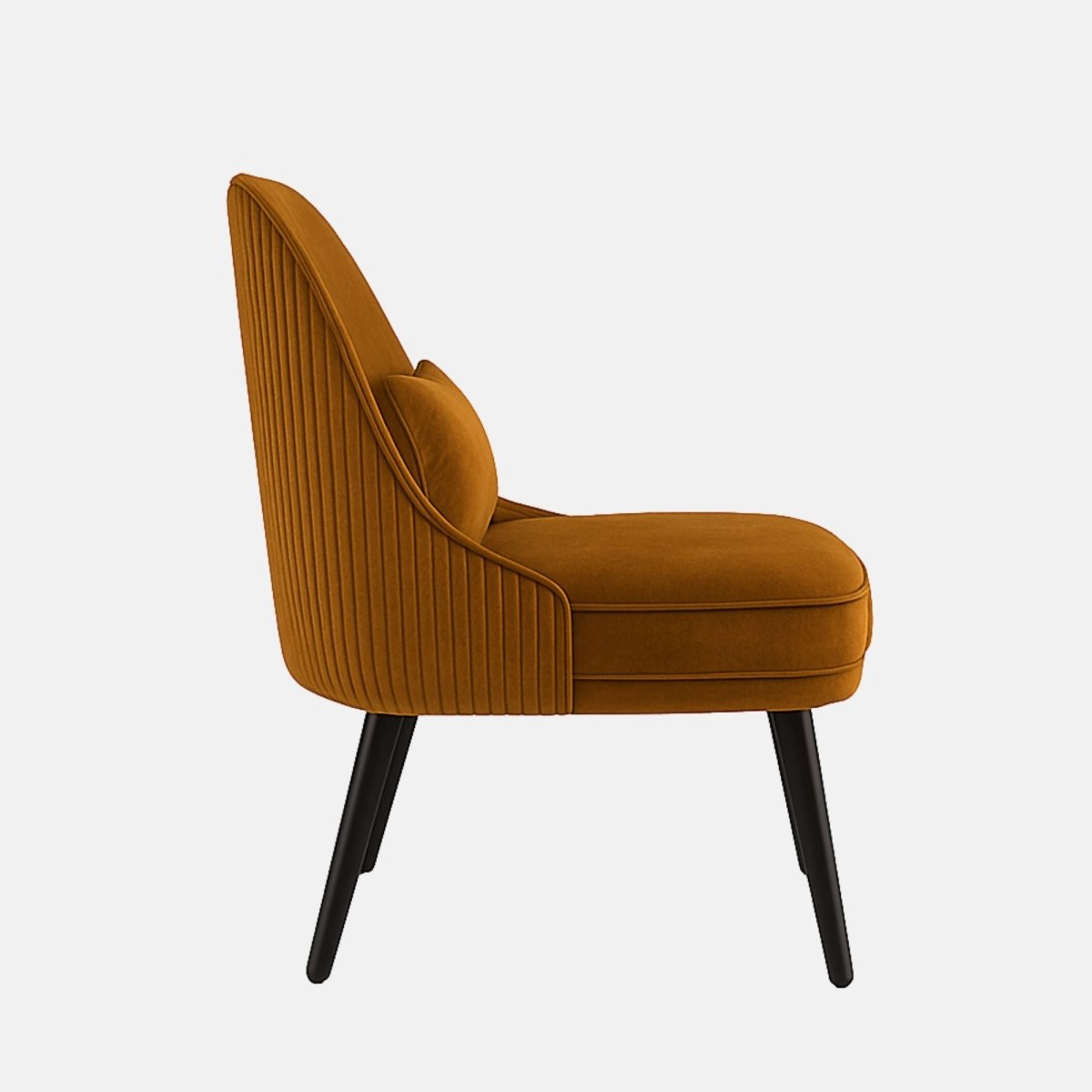 Modern accent chair with mustard yellow upholstered seat and backrest, matching cushion, vertical stitched sides, and black tapered wooden legs.